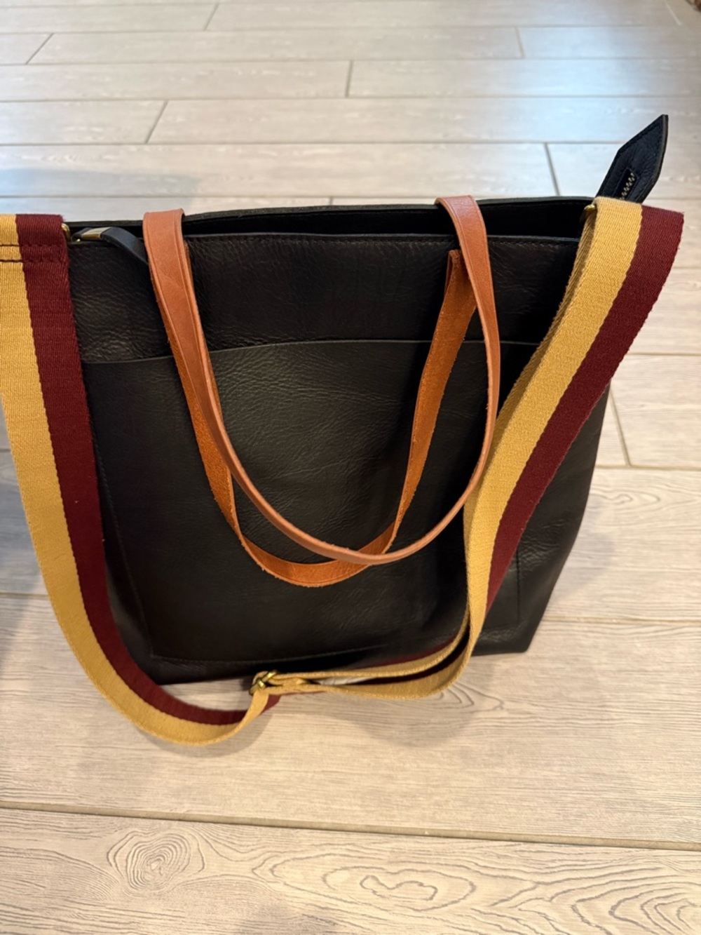 Madewell Black Leather Tote Bag with Striped Burgundy and Mustard Strap